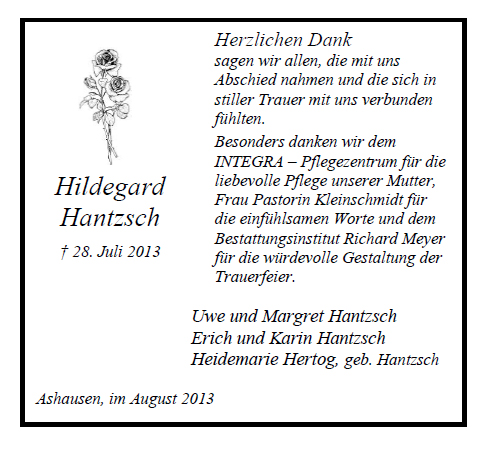 Hantzsch Hildegard Trauerdank