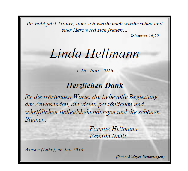 Hellmann Linda. Trauerdank PNG